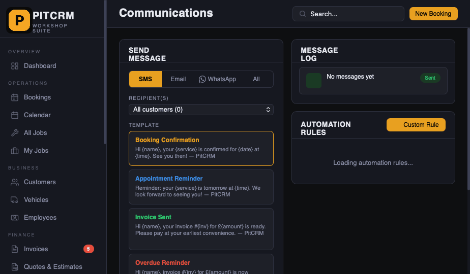PitCRM communications — SMS, email, WhatsApp templates and automation rules