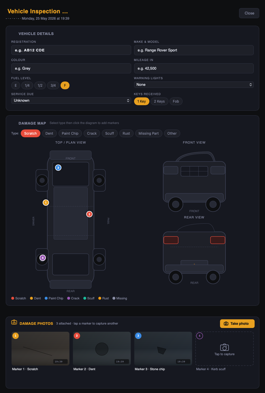 PitCRM vehicle inspection — damage map, fuel, mileage, keys