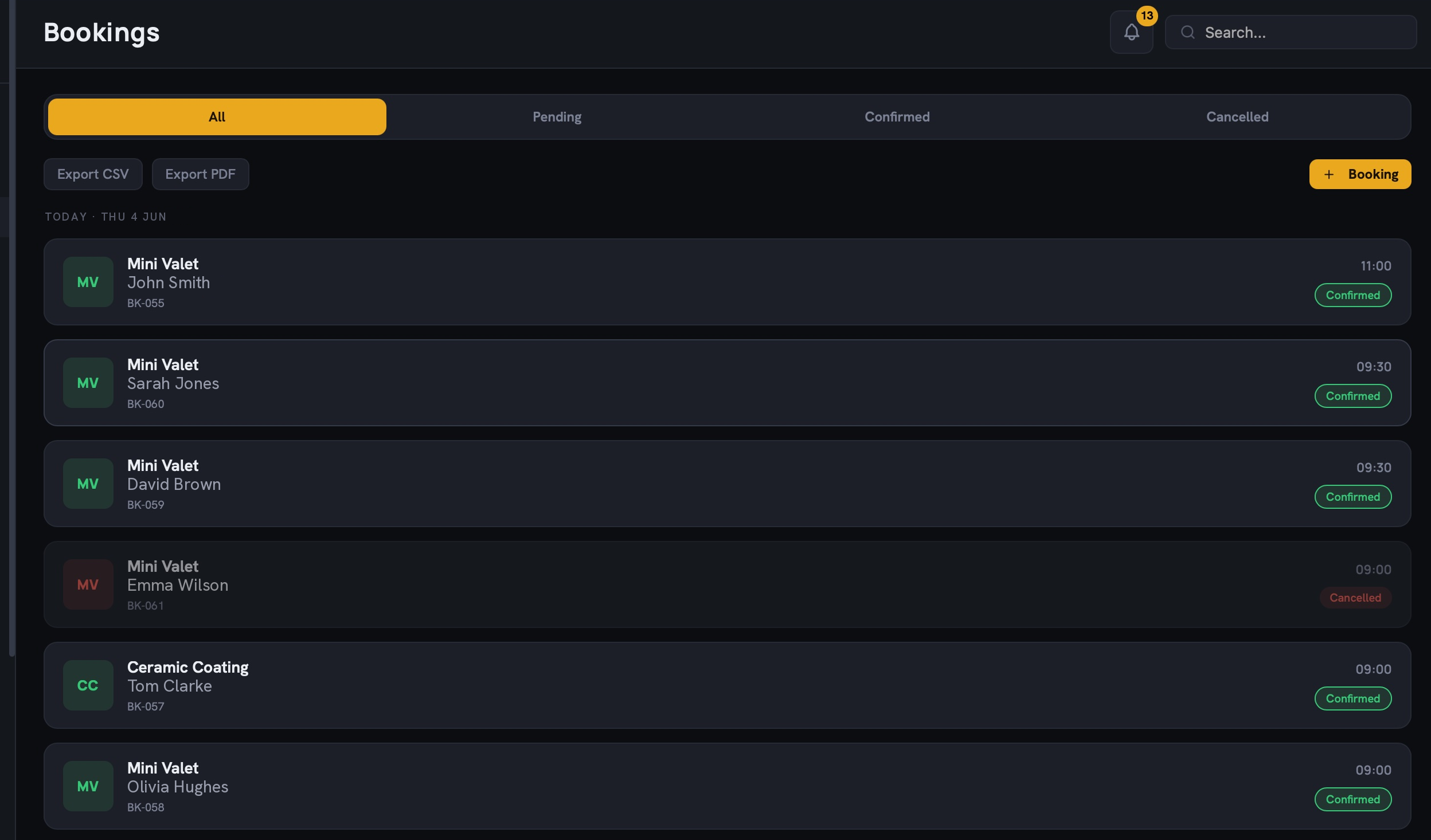 The day's bookings, with customer, vehicle and status