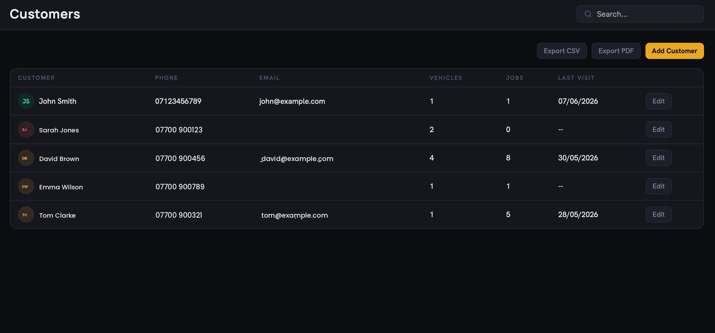 A customer record with vehicles, jobs and history