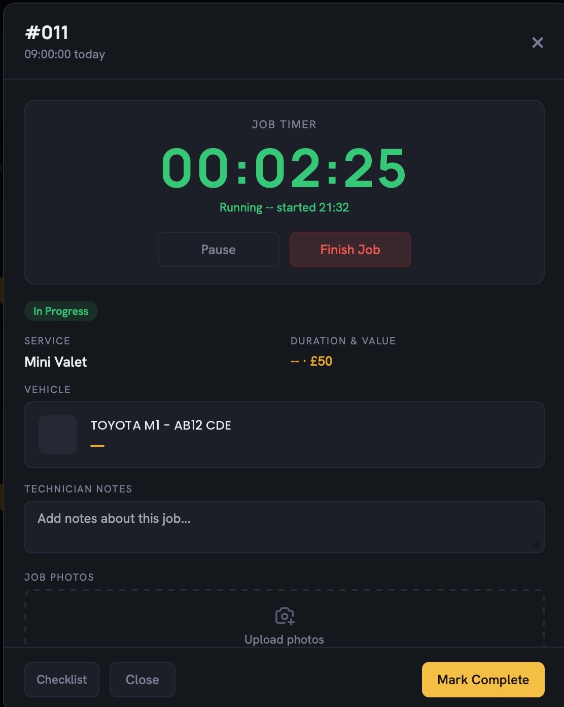 A job in progress with the timer running