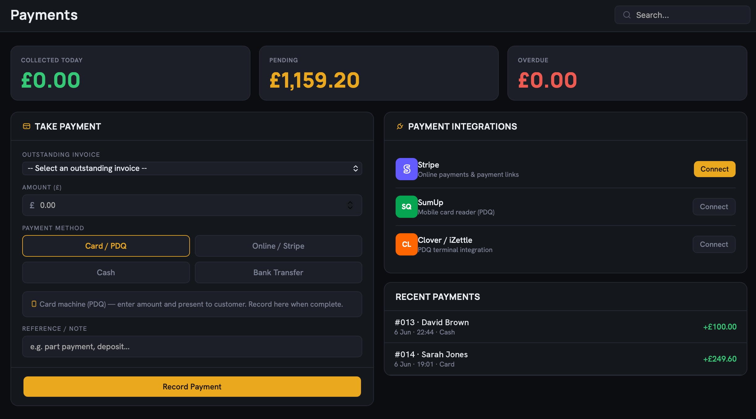 Taking a card payment against an invoice